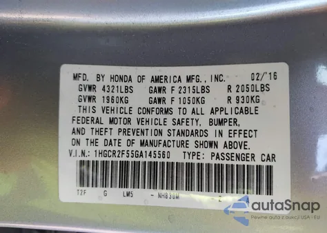2016 Honda Accord Sport from USA, damaged, VIN 1HGCR2F55GA145560